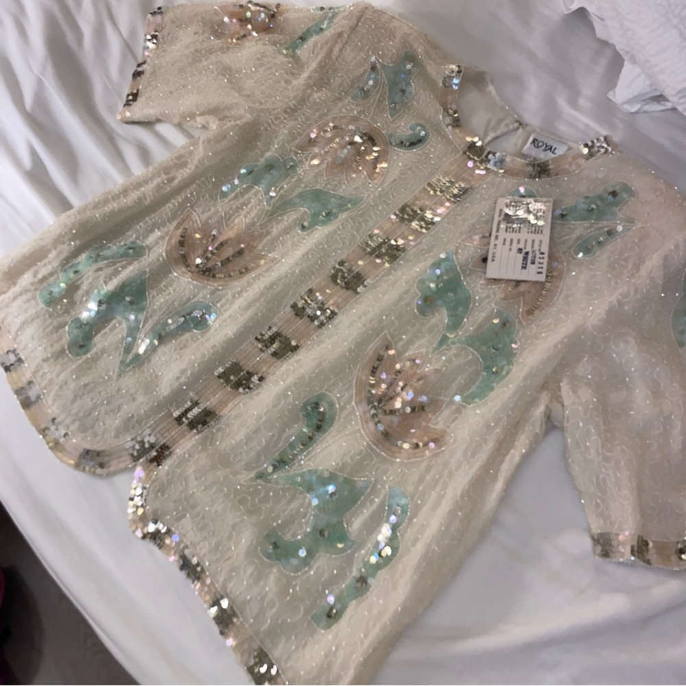 😍 Deadstock Vintage 100% Silk Fully Beaded Sequin Blouse Royal brand 2X XXL Wom